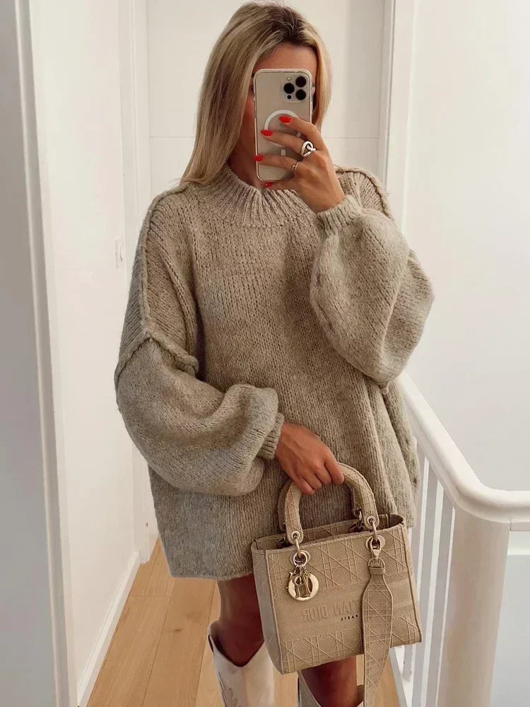 Oversized stickad tröja med puffärmar – Trendig och mysig