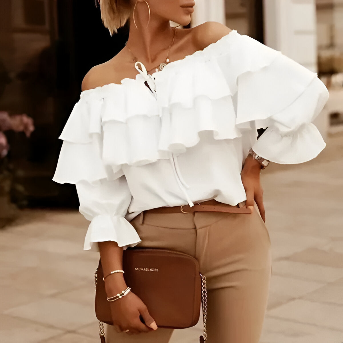 Damblus – Off-shoulder – Rynkad design – Lätt tyg