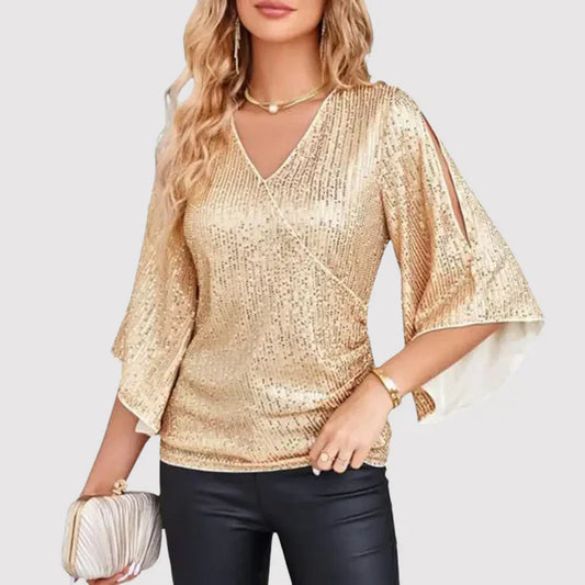 Damtröja med glitter – V-ringad – Utställda ärmar – Mjukt tyg