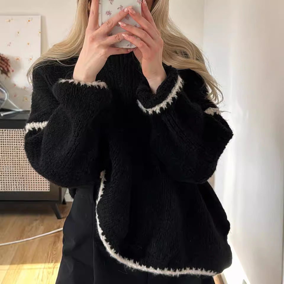 Oversize Stickad Tröja med Kontrastdetaljer – Varm & Trendig
